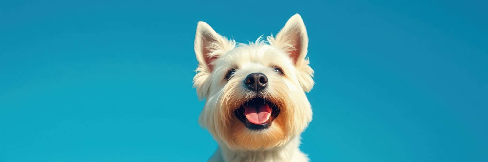 A West Highland White Terrier, its fur fluffy and white, gazes upward against a vibrant blue sky